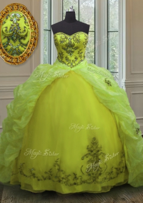 Charming Yellow Green Quinceanera Dresses Military Ball and Sweet 16 and Quinceanera and For with Beading and Appliques and Pick Ups Sweetheart Sleeveless Court Train Lace Up