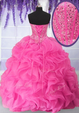 Admirable Hot Pink Organza Lace Up Ball Gown Prom Dress Sleeveless Floor Length Beading and Ruffles