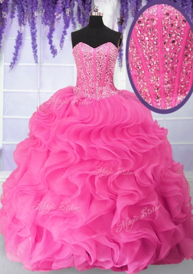 Admirable Hot Pink Organza Lace Up Ball Gown Prom Dress Sleeveless Floor Length Beading and Ruffles
