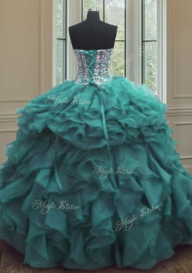 Artistic Turquoise 15 Quinceanera Dress Military Ball and Sweet 16 and Quinceanera and For with Beading and Ruffles Sweetheart Sleeveless Lace Up