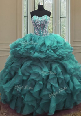 Artistic Turquoise 15 Quinceanera Dress Military Ball and Sweet 16 and Quinceanera and For with Beading and Ruffles Sweetheart Sleeveless Lace Up