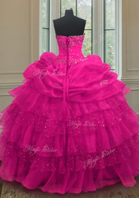 Beading and Ruffled Layers and Sequins and Pick Ups Sweet 16 Quinceanera Dress Fuchsia Lace Up Sleeveless Floor Length