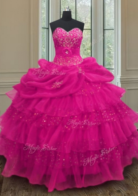 Beading and Ruffled Layers and Sequins and Pick Ups Sweet 16 Quinceanera Dress Fuchsia Lace Up Sleeveless Floor Length