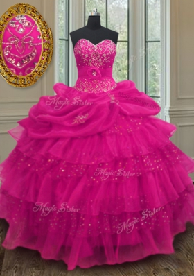 Beading and Ruffled Layers and Sequins and Pick Ups Sweet 16 Quinceanera Dress Fuchsia Lace Up Sleeveless Floor Length