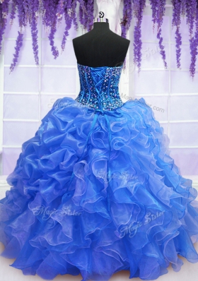 Blue Ball Gowns Beading and Ruffles Sweet 16 Dresses Lace Up Organza Sleeveless Floor Length