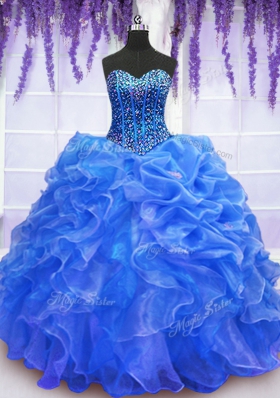 Blue Ball Gowns Beading and Ruffles Sweet 16 Dresses Lace Up Organza Sleeveless Floor Length