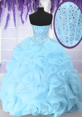 Blue Lace Up Sweetheart Beading and Ruffles 15 Quinceanera Dress Organza Sleeveless