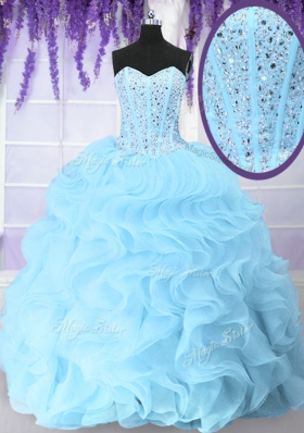 Blue Lace Up Sweetheart Beading and Ruffles 15 Quinceanera Dress Organza Sleeveless