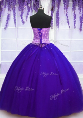 Blue Sleeveless Floor Length Beading Lace Up Quinceanera Dresses