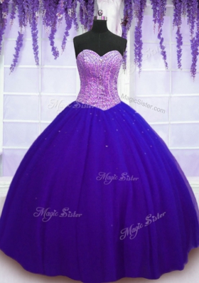 Blue Sleeveless Floor Length Beading Lace Up Quinceanera Dresses