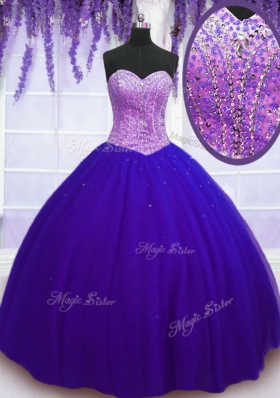 Blue Sleeveless Floor Length Beading Lace Up Quinceanera Dresses