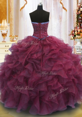 Burgundy Strapless Lace Up Beading and Ruffles Sweet 16 Dresses Sleeveless