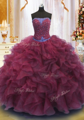 Burgundy Strapless Lace Up Beading and Ruffles Sweet 16 Dresses Sleeveless