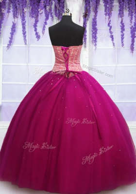 Captivating Floor Length Hot Pink Ball Gown Prom Dress Tulle Sleeveless Beading