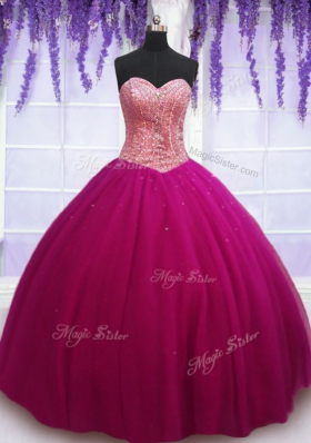 Captivating Floor Length Hot Pink Ball Gown Prom Dress Tulle Sleeveless Beading