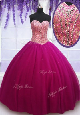 Captivating Floor Length Hot Pink Ball Gown Prom Dress Tulle Sleeveless Beading