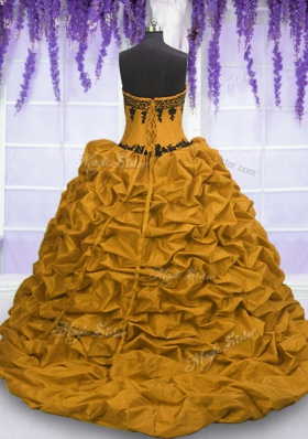 Custom Design Gold Ball Gowns Taffeta Sweetheart Sleeveless Appliques and Pick Ups Lace Up Sweet 16 Dress Sweep Train