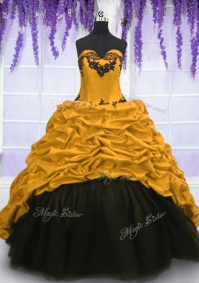 Custom Design Gold Ball Gowns Taffeta Sweetheart Sleeveless Appliques and Pick Ups Lace Up Sweet 16 Dress Sweep Train