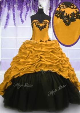 Custom Design Gold Ball Gowns Taffeta Sweetheart Sleeveless Appliques and Pick Ups Lace Up Sweet 16 Dress Sweep Train