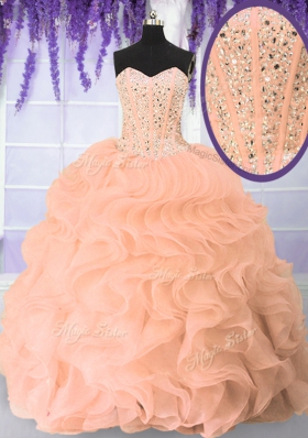 Custom Fit Organza Sleeveless Floor Length Quinceanera Gown and Beading and Ruffles