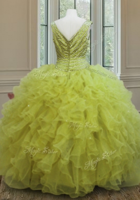 Customized Floor Length Yellow Green Quinceanera Gown V-neck Sleeveless Zipper
