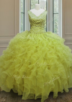Customized Floor Length Yellow Green Quinceanera Gown V-neck Sleeveless Zipper