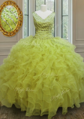 Customized Floor Length Yellow Green Quinceanera Gown V-neck Sleeveless Zipper