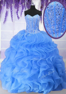 Dynamic Blue Ball Gowns Ruffles and Sequins Quinceanera Dresses Lace Up Organza Sleeveless Floor Length