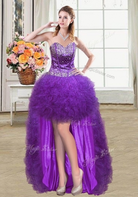 Elegant Four Piece Eggplant Purple Ball Gowns Beading and Ruffles Vestidos de Quinceanera Lace Up Tulle Sleeveless Floor Length