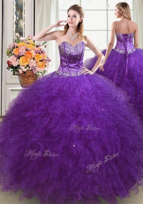 Elegant Four Piece Eggplant Purple Ball Gowns Beading and Ruffles Vestidos de Quinceanera Lace Up Tulle Sleeveless Floor Length