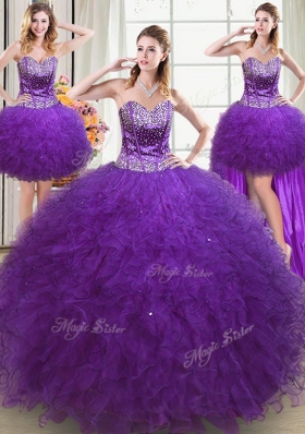 Elegant Four Piece Eggplant Purple Ball Gowns Beading and Ruffles Vestidos de Quinceanera Lace Up Tulle Sleeveless Floor Length