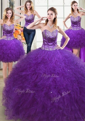 Elegant Four Piece Eggplant Purple Ball Gowns Beading and Ruffles Vestidos de Quinceanera Lace Up Tulle Sleeveless Floor Length