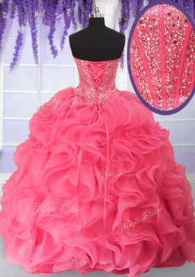 Elegant Rose Pink Organza Lace Up Sweet 16 Quinceanera Dress Sleeveless Floor Length Beading and Ruffles
