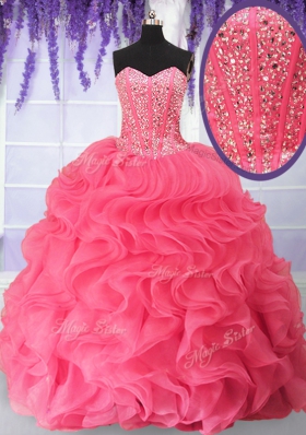 Elegant Rose Pink Organza Lace Up Sweet 16 Quinceanera Dress Sleeveless Floor Length Beading and Ruffles