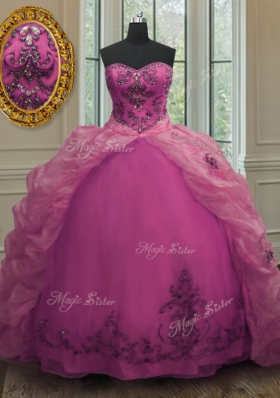 Exceptional Fuchsia Lace Up Sweetheart Beading and Appliques and Pick Ups 15 Quinceanera Dress Organza Sleeveless Court Train