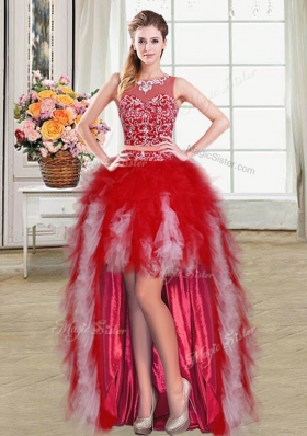 Four Piece Scoop Floor Length White and Red Quinceanera Dresses Tulle Sleeveless Beading and Ruffles