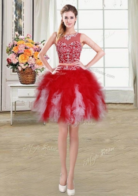 Four Piece Scoop Floor Length White and Red Quinceanera Dresses Tulle Sleeveless Beading and Ruffles