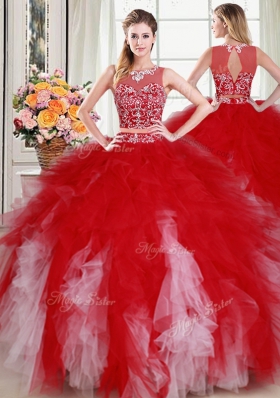 Four Piece Scoop Floor Length White and Red Quinceanera Dresses Tulle Sleeveless Beading and Ruffles