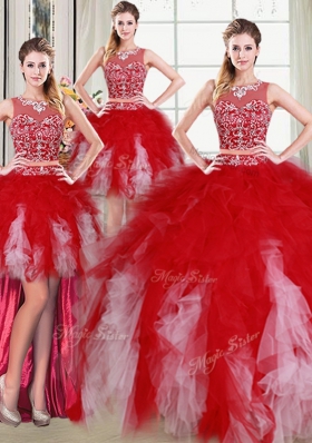 Four Piece Scoop Floor Length White and Red Quinceanera Dresses Tulle Sleeveless Beading and Ruffles