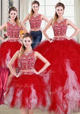 Four Piece Scoop Floor Length White and Red Quinceanera Dresses Tulle Sleeveless Beading and Ruffles