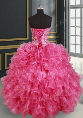 Four Piece Sweetheart Sleeveless Lace Up Sweet 16 Dress Hot Pink Organza