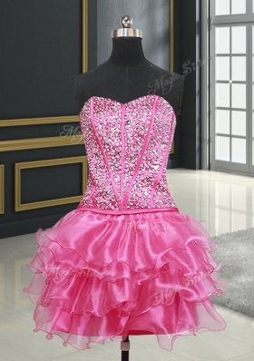 Four Piece Sweetheart Sleeveless Lace Up Sweet 16 Dress Hot Pink Organza