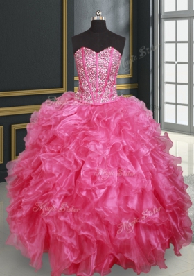 Four Piece Sweetheart Sleeveless Lace Up Sweet 16 Dress Hot Pink Organza