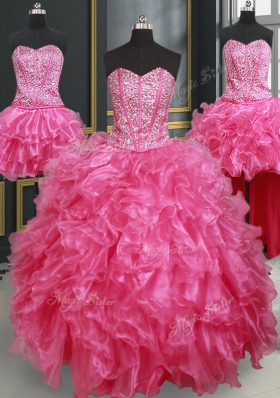 Four Piece Sweetheart Sleeveless Lace Up Sweet 16 Dress Hot Pink Organza