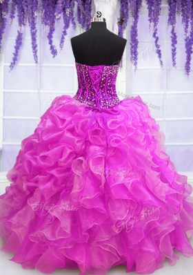 Fuchsia Organza Lace Up Quinceanera Gowns Sleeveless Floor Length Beading and Ruffles