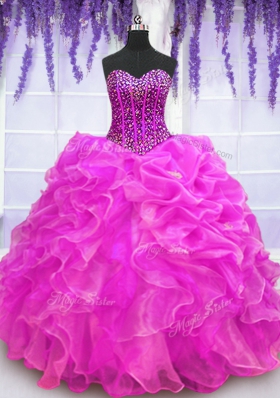Fuchsia Organza Lace Up Quinceanera Gowns Sleeveless Floor Length Beading and Ruffles
