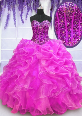 Fuchsia Organza Lace Up Quinceanera Gowns Sleeveless Floor Length Beading and Ruffles