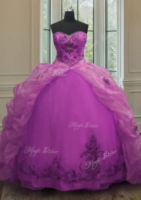 Glittering Fuchsia Ball Gowns Beading and Appliques and Pick Ups Ball Gown Prom Dress Lace Up Organza Sleeveless With Train