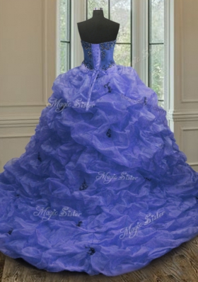 Glorious Pick Ups Court Train Ball Gowns Quinceanera Gowns Blue Sweetheart Organza Sleeveless With Train Lace Up