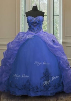 Glorious Pick Ups Court Train Ball Gowns Quinceanera Gowns Blue Sweetheart Organza Sleeveless With Train Lace Up